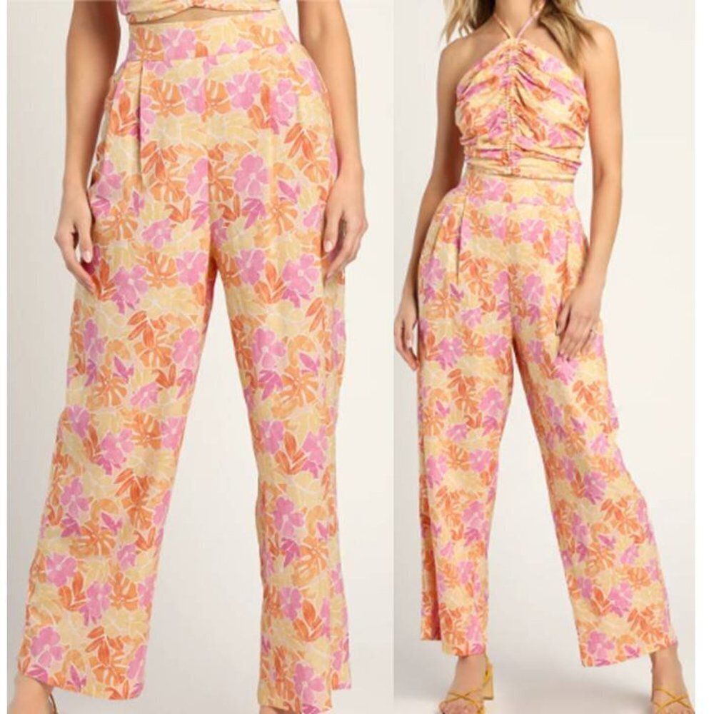 LULUS Women Peach Floral‎ Print Wide-Leg Pants